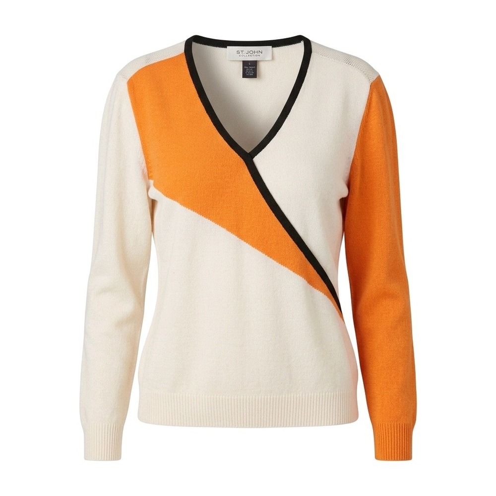 St. John Collection Wool Rayon Colorblock V-Neck Sweater Cream Orange Black S